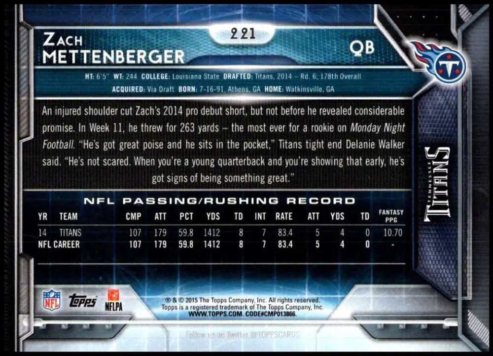 2015 Topps #221 Zach Mettenberger NM-MT Tennessee Titans Football Card