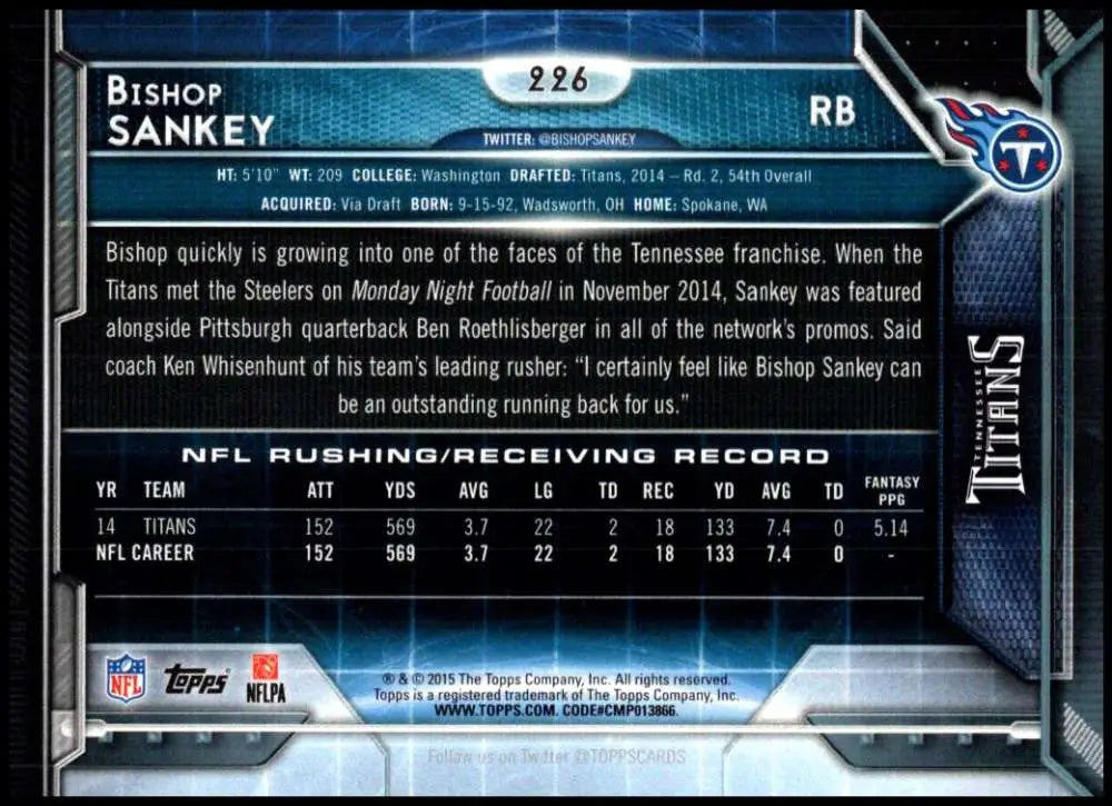 2015 Topps #226 Bishop Sankey NM-MT Tennessee Titans Football Card - Football Card Single