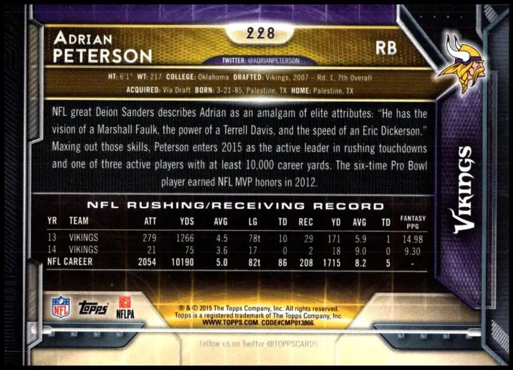 2015 Topps #228 Adrian Peterson NM-MT Minnesota Vikings Football Card - Football Card Single