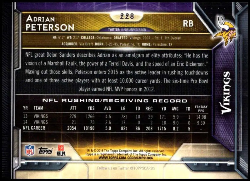 2015 Topps #228 Adrian Peterson NM-MT Minnesota Vikings Football Card - Football Card Single