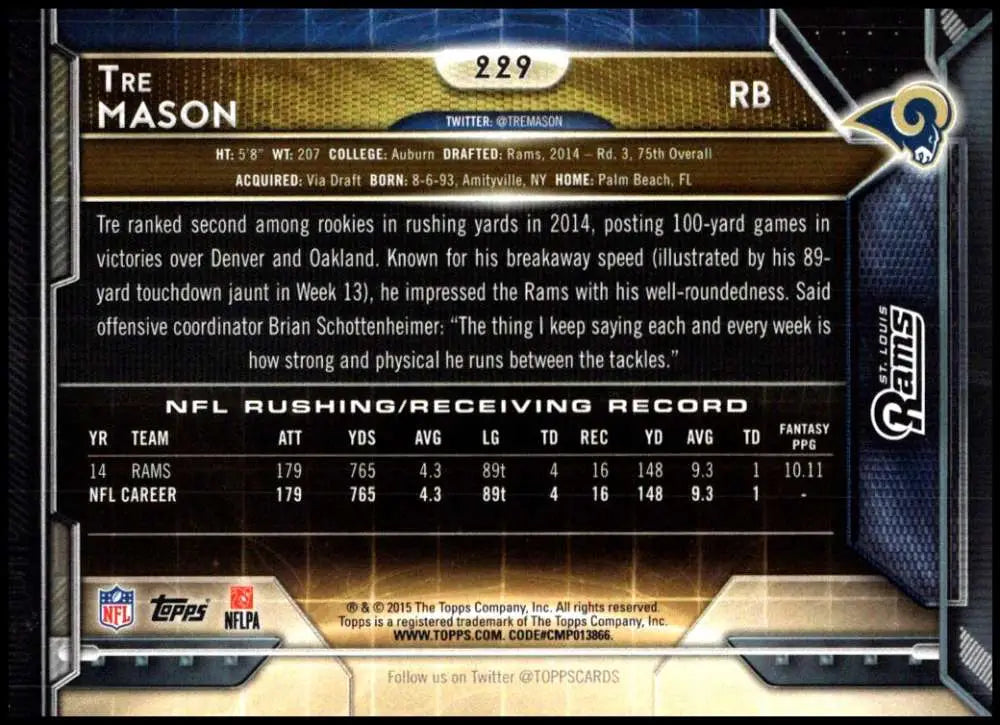 2015 Topps #229 Tre Mason NM-MT St. Louis Rams Football Card - Football Card Single