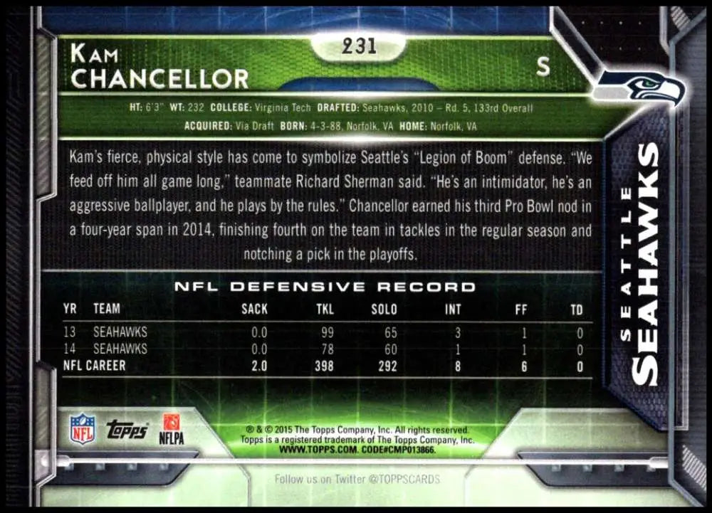 2015 Topps #231 Kam Chancellor NM-MT Seattle Seahawks Football Card - Football Card Single