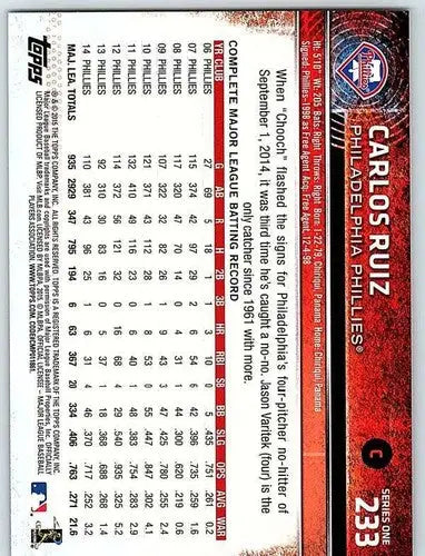Carlos Ruiz baseball card with original gloss from 2015 Topps #233 NM-MT Phillies