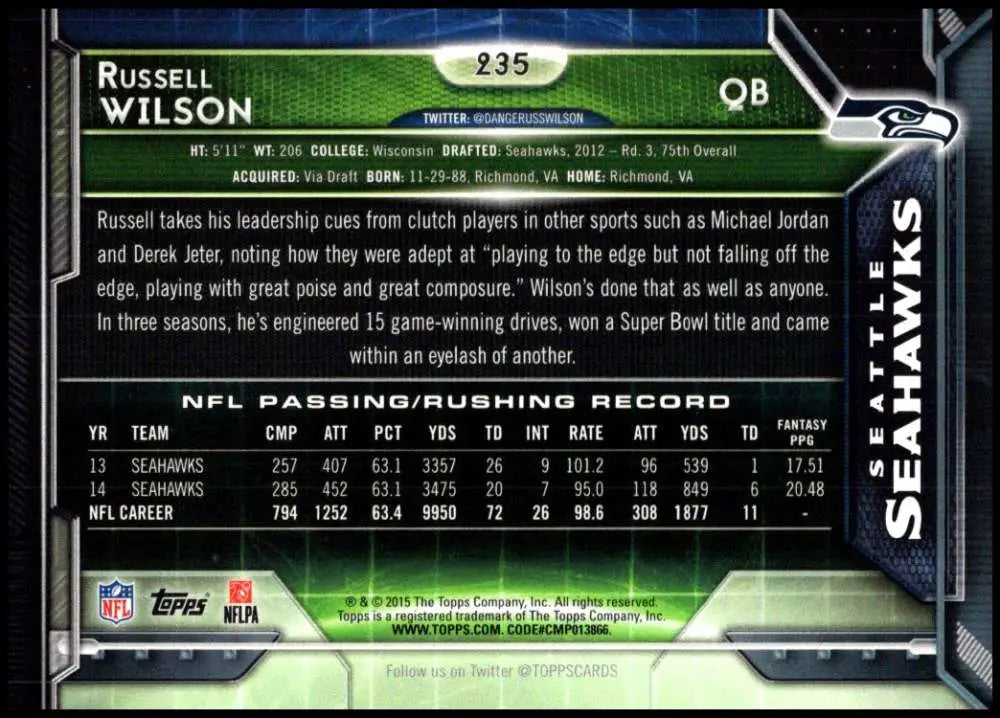 2015 Topps #235 Russell Wilson NM-MT Seattle Seahawks Football Card - Football Card Single