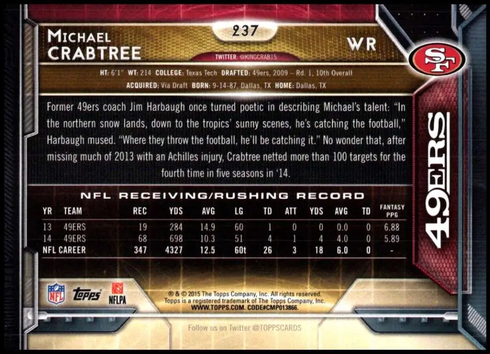 2015 Topps #237 Michael Crabtree NM-MT San Francisco 49ers Football Card - Football Card Single