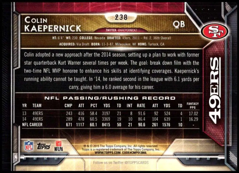 2015 Topps #238 Colin Kaepernick NM-MT San Francisco 49ers Football Card - Football Card Single