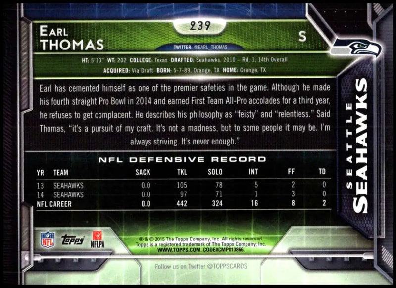 2015 Topps #239 Earl Thomas NM-MT Seattle Seahawks Football Card - Football Card Single
