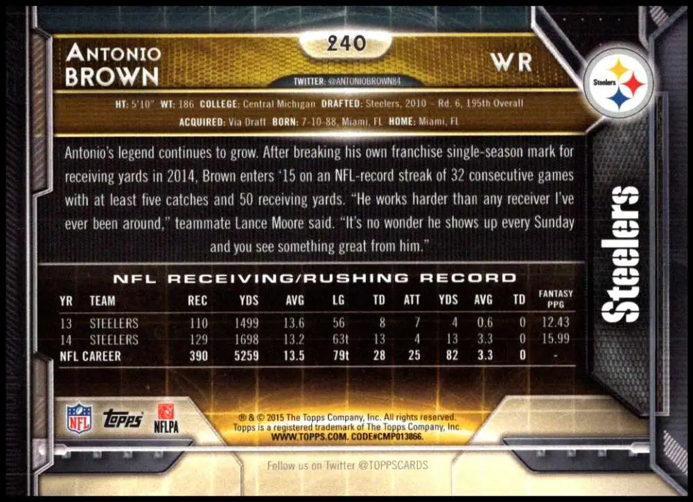 2015 Topps #240 Antonio Brown NM-MT Pittsburgh Steelers Football Card - Football Card Single