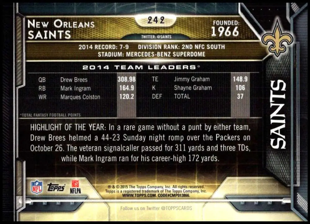 2015 Topps #242 New Orleans Saints NM-MT New Orleans Saints Football Card - Football Card Single