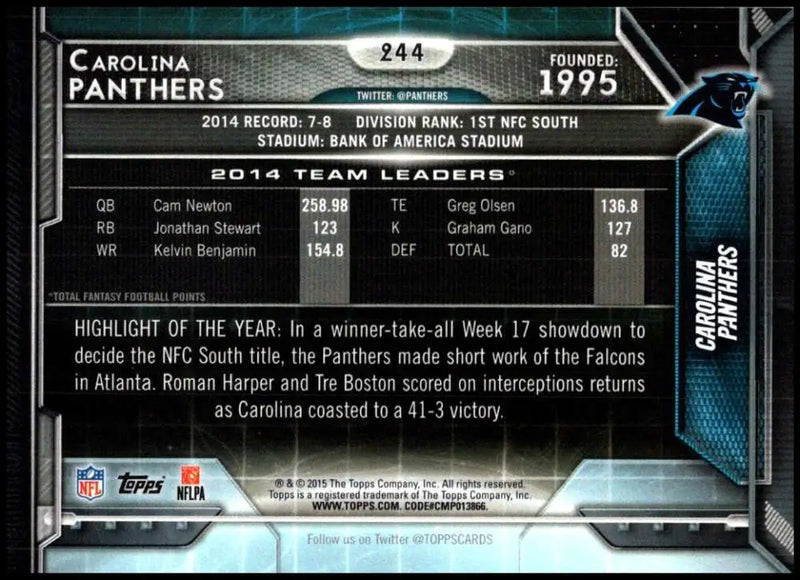 2015 Topps #244 Carolina Panthers NM-MT Carolina Panthers Football Card - Football Card Single