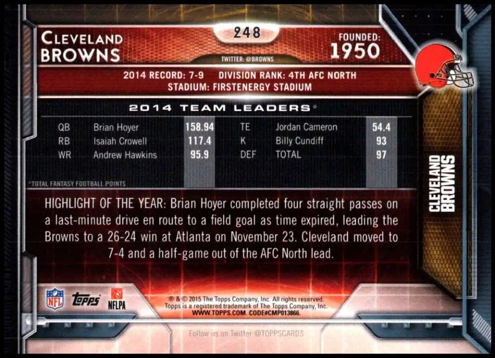 2015 Topps #248 Cleveland Browns NM-MT Cleveland Browns Football Card - Football Card Single