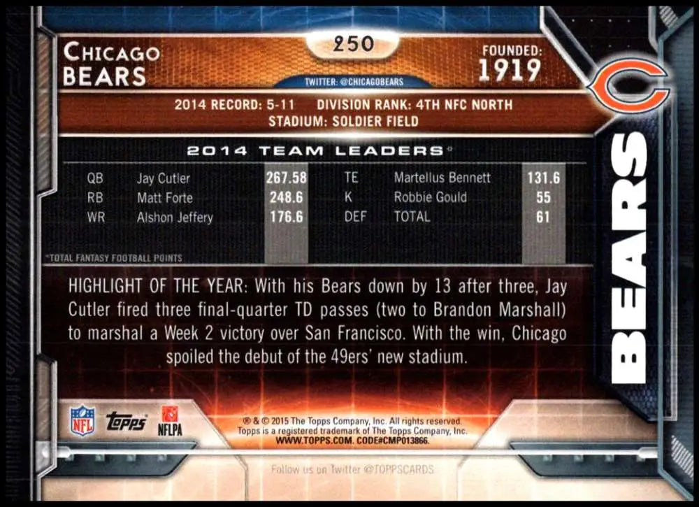 2015 Topps #250 Chicago Bears NM-MT Chicago Bears Football Card - Football Card Single
