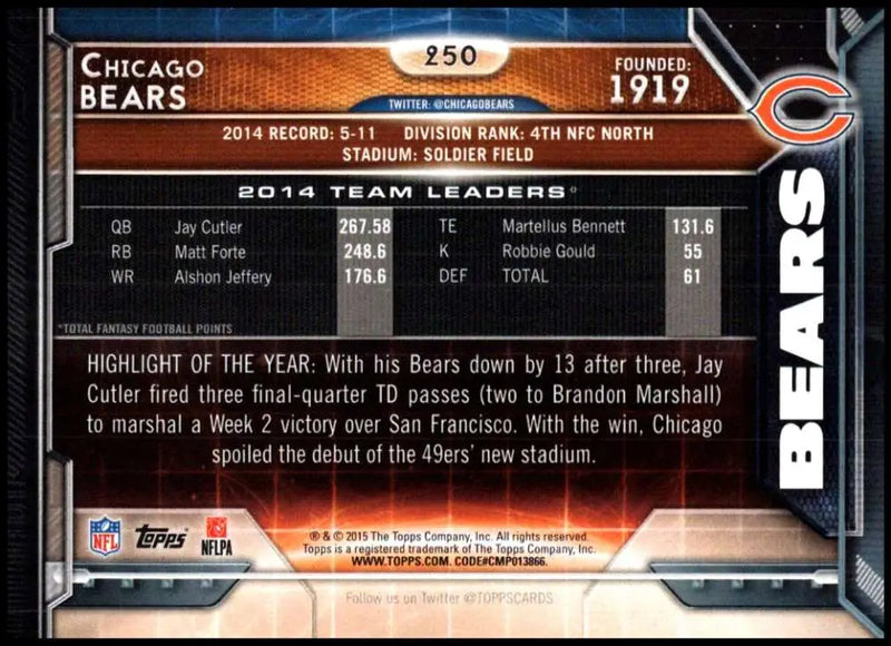 2015 Topps #250 Chicago Bears NM-MT Chicago Bears Football Card - Football Card Single