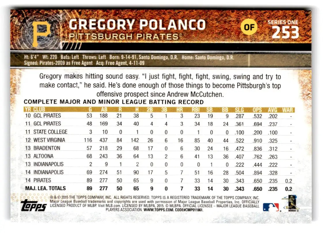 2015 Topps #253 Gregory Polanco - Baseball Card Single