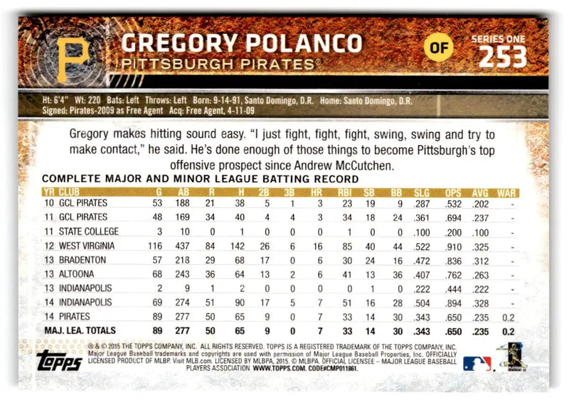 2015 Topps #253 Gregory Polanco - Baseball Card Single