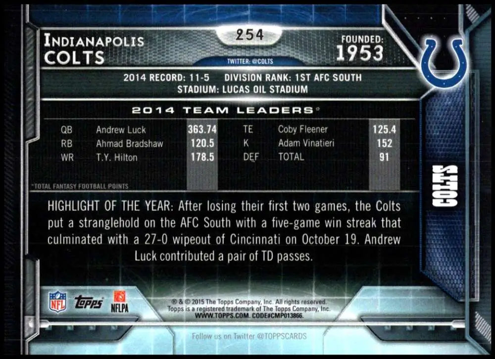 2015 Topps #254 Indianapolis Colts NM-MT Indianapolis Colts Football Card - Football Card Single