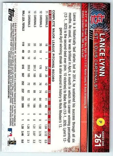 Lance Lynn baseball card with original gloss from 2015 Topps #261 NM-MT Cardinals