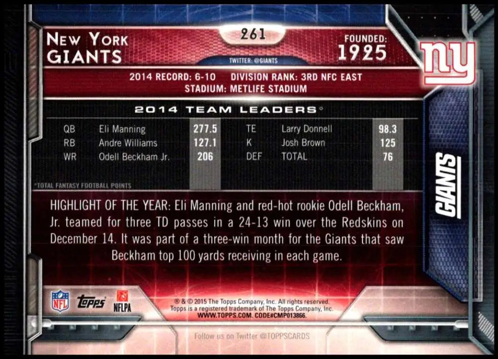 2015 Topps #261 New York Giants NM-MT New York Giants Football Card - Football Card Single
