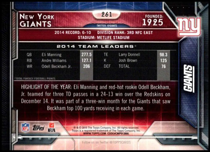 2015 Topps #261 New York Giants NM-MT New York Giants Football Card - Football Card Single