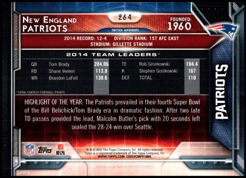 2015 Topps #264 New England Patriots NM-MT New England Patriots Football Card