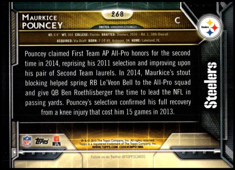 2015 Topps #268 Maurkice Pouncey NM-MT Pittsburgh Steelers Football Card - Football Card Single
