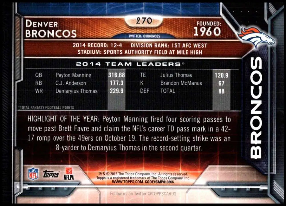2015 Topps #270 Denver Broncos NM-MT Denver Broncos Football Card - Football Card Single