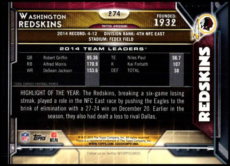 2015 Topps #274 Washington Redskins NM-MT Washington Redskins Football Card - Football Card Single