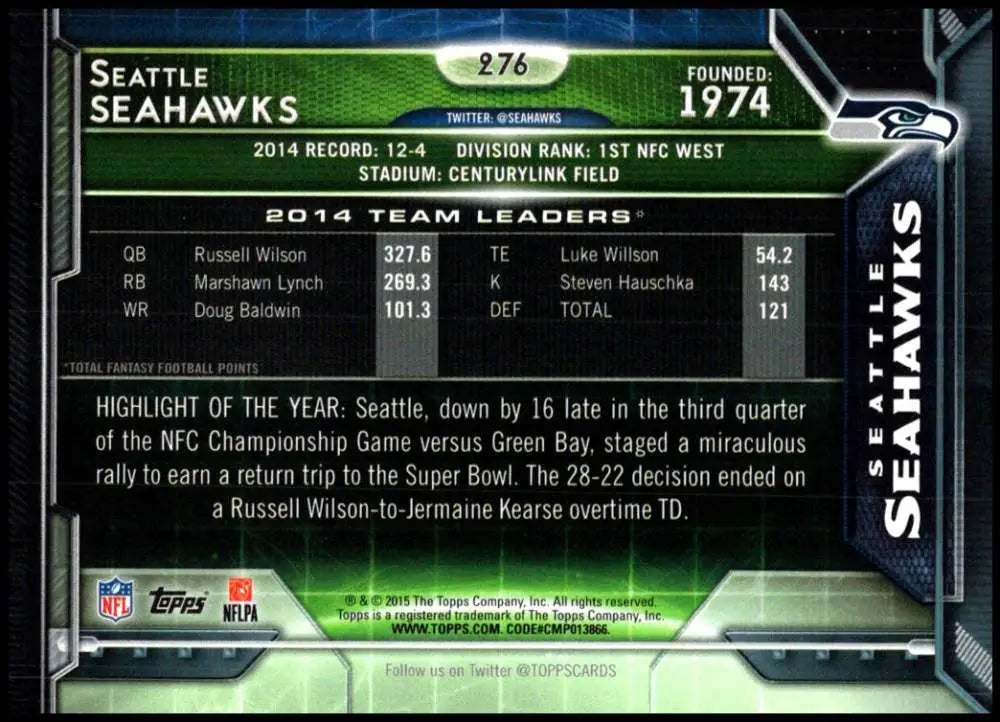 2015 Topps #276 Seattle Seahawks NM-MT Seattle Seahawks Football Card - Football Card Single