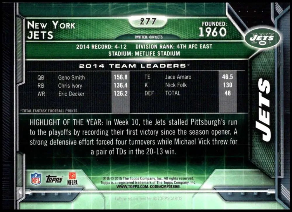 2015 Topps #277 New York Jets NM-MT New York Jets Football Card - Football Card Single