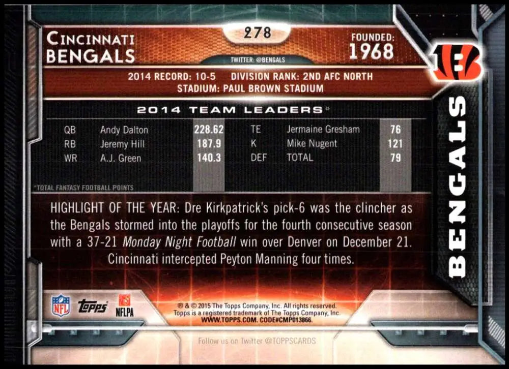 2015 Topps #278 Cincinnati Bengals NM-MT Cincinnati Bengals Football Card