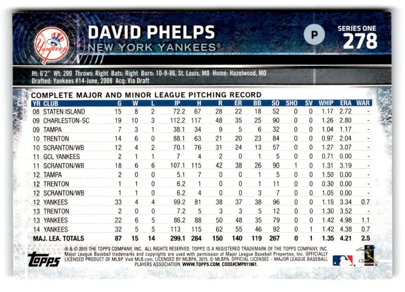2015 Topps #278 David Phelps - Baseball Card Single