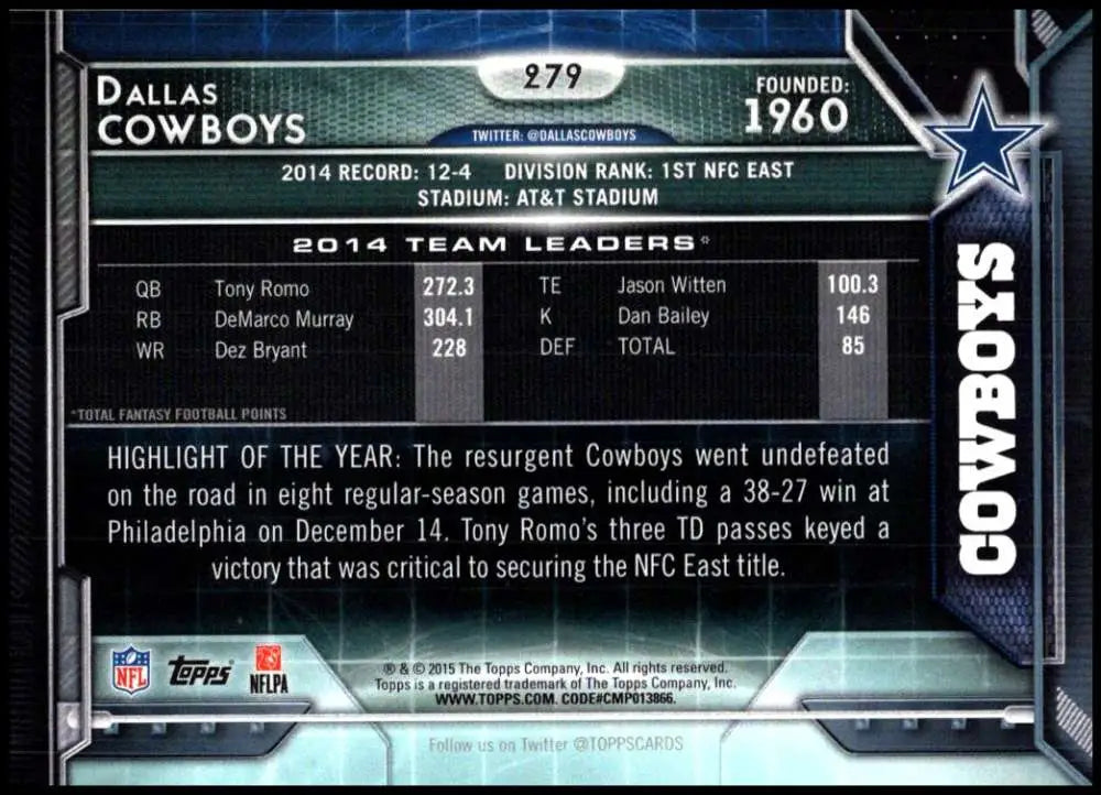 2015 Topps #279 Dallas Cowboys NM-MT Dallas Cowboys Football Card - Football Card Single