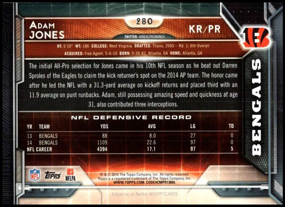 2015 Topps #280 Adam Jones NM-MT Cincinnati Bengals Football Card - Football Card Single
