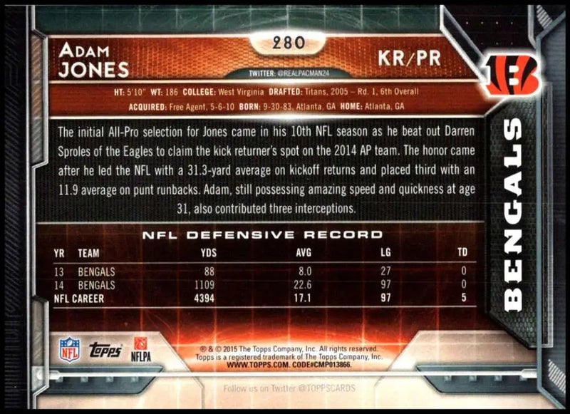 2015 Topps #280 Adam Jones NM-MT Cincinnati Bengals Football Card - Football Card Single