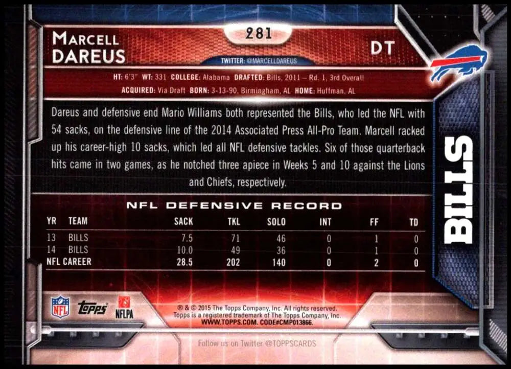 2015 Topps #281 Marcell Dareus NM-MT Buffalo Bills Football Card - Football Card Single