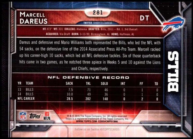 2015 Topps #281 Marcell Dareus NM-MT Buffalo Bills Football Card - Football Card Single
