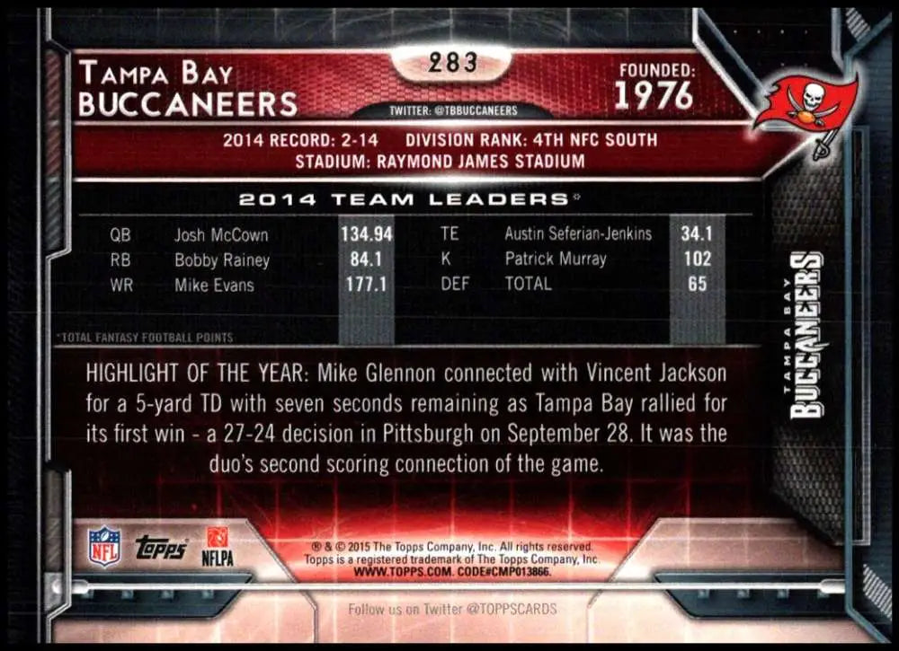 2015 Topps #283 Tampa Bay Buccaneers NM-MT Tampa Bay Buccaneers Football Card - Football Card Single