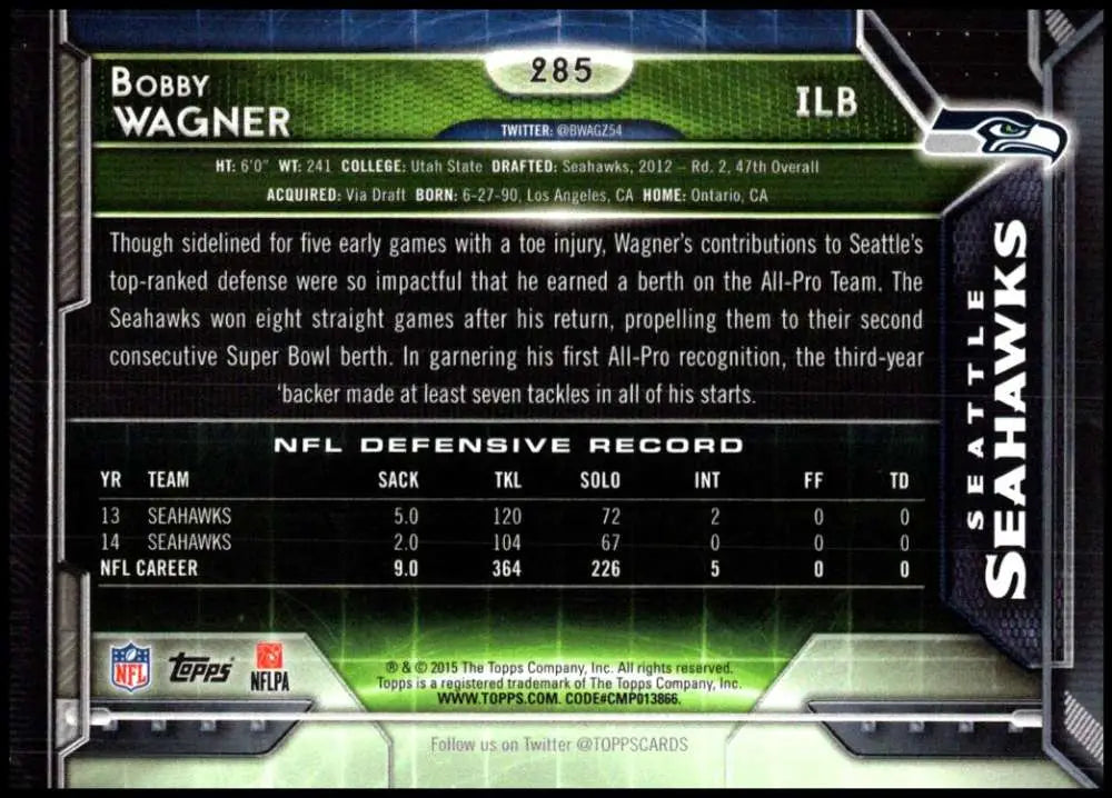2015 Topps #285 Bobby Wagner NM-MT Seattle Seahawks Football Card - Football Card Single
