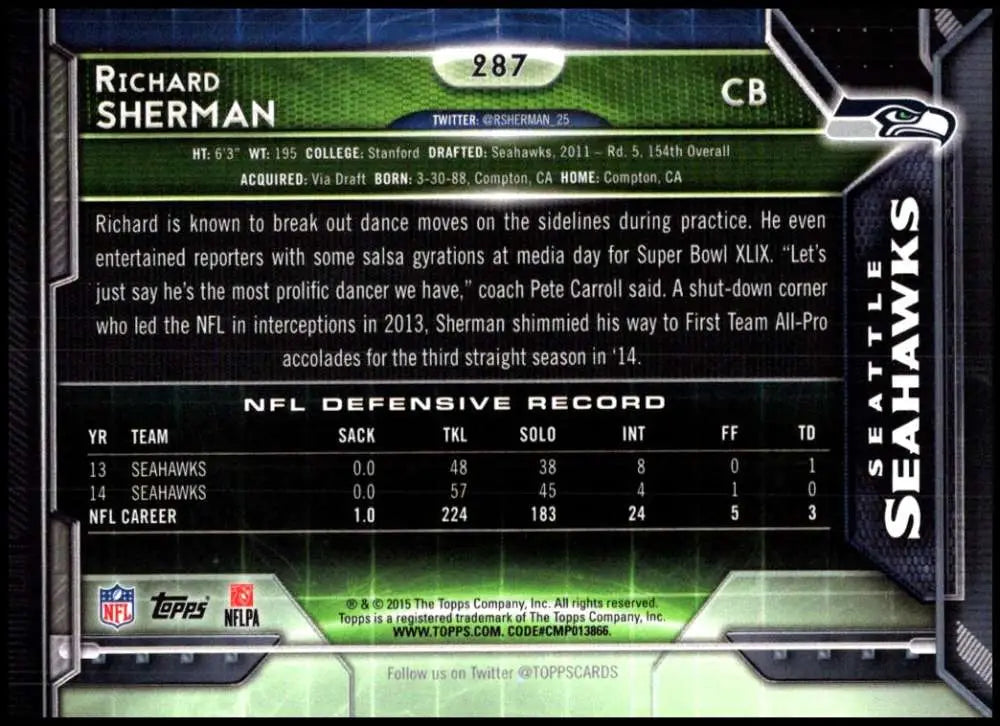 2015 Topps #287 Richard Sherman NM-MT Seattle Seahawks Football Card - Football Card Single
