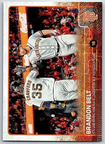 Baseball card featuring Brandon Belt with original gloss and baseball highlights