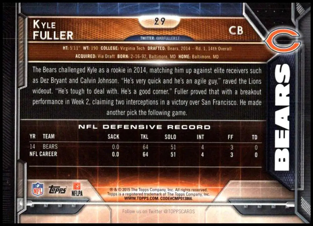 2015 Topps #29 Kyle Fuller NM-MT Chicago Bears Football Card - Football Card Single