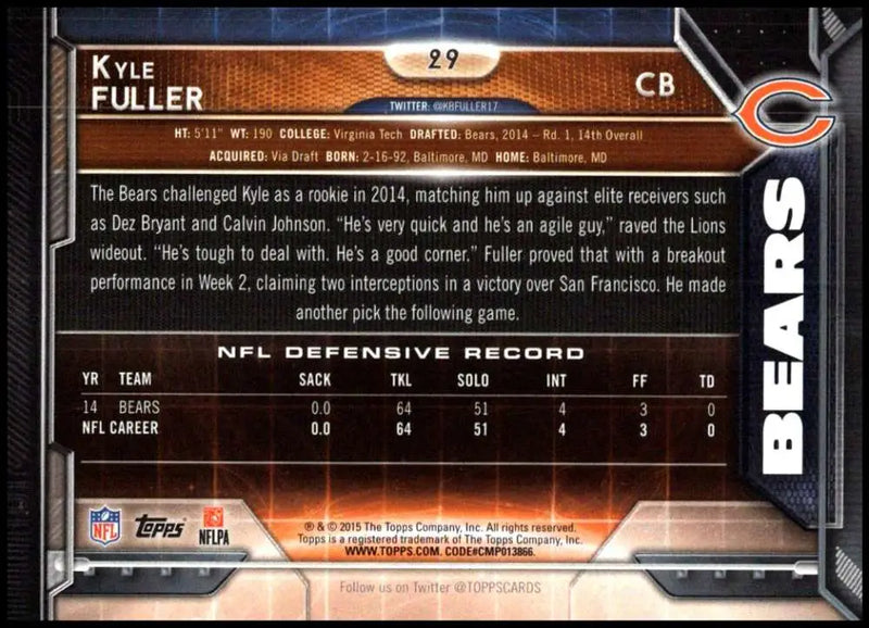 2015 Topps #29 Kyle Fuller NM-MT Chicago Bears Football Card - Football Card Single