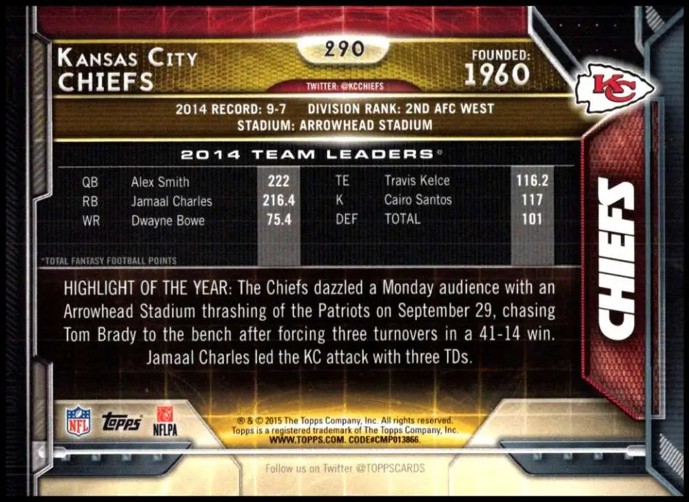 2015 Topps #290 Kansas City Chiefs NM-MT Kansas City Chiefs Football Card - Football Card Single