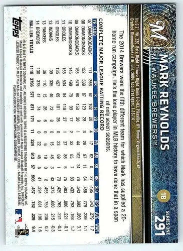 Original gloss Mark Reynolds baseball card 2015 Topps NM-MT Brewers ID:72934