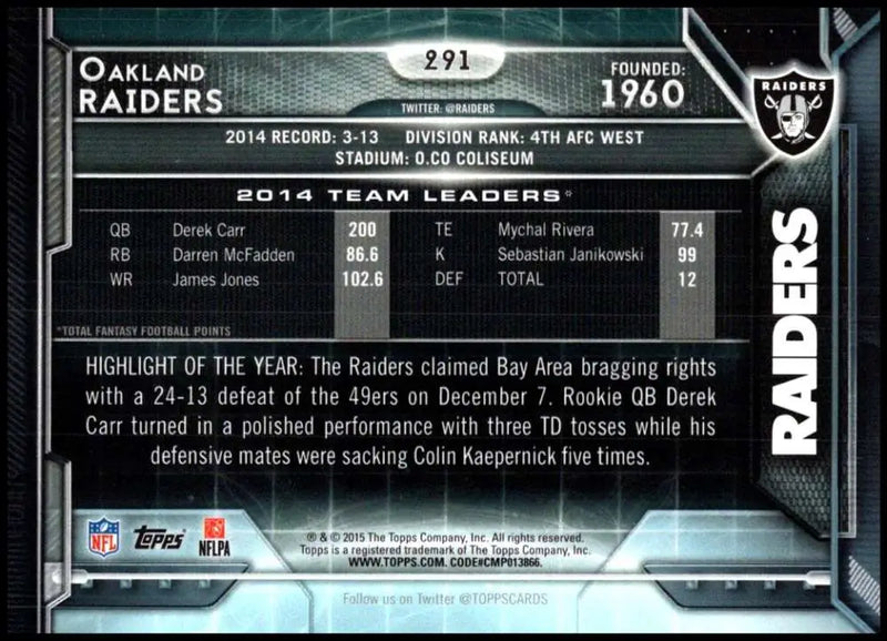 2015 Topps #291 Oakland Raiders NM-MT Oakland Raiders Football Card - Football Card Single