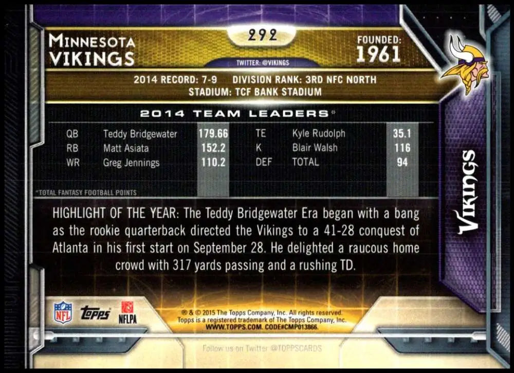 2015 Topps #292 Minnesota Vikings NM-MT Minnesota Vikings Football Card - Football Card Single