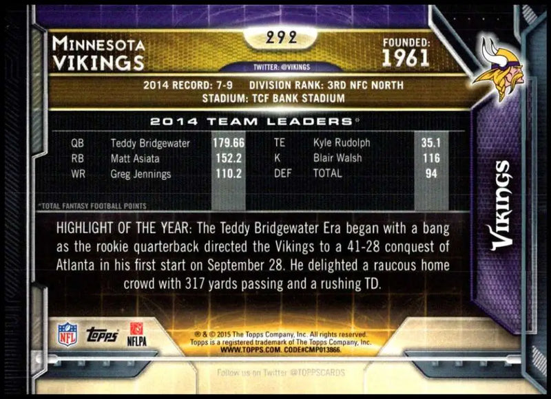 2015 Topps #292 Minnesota Vikings NM-MT Minnesota Vikings Football Card - Football Card Single
