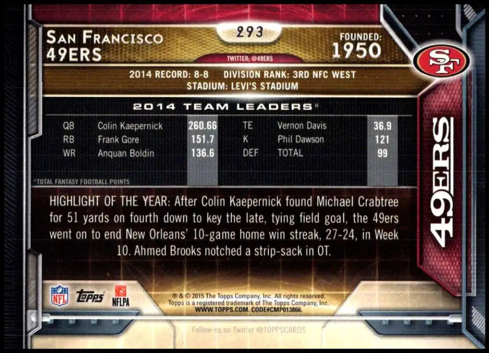 2015 Topps #293 San Francisco 49ers NM-MT San Francisco 49ers Football Card - Football Card Single