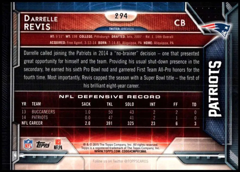 2015 Topps #294 Darrelle Revis NM-MT New England Patriots Football Card - Football Card Single
