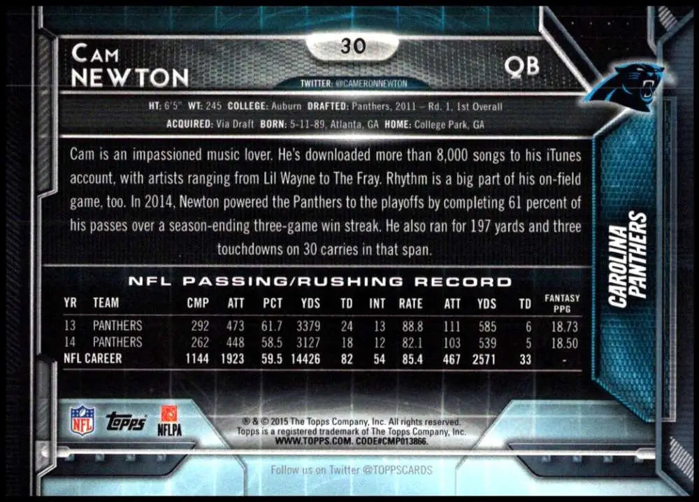2015 Topps #30 Cam Newton NM-MT Carolina Panthers Football Card - Football Card Single